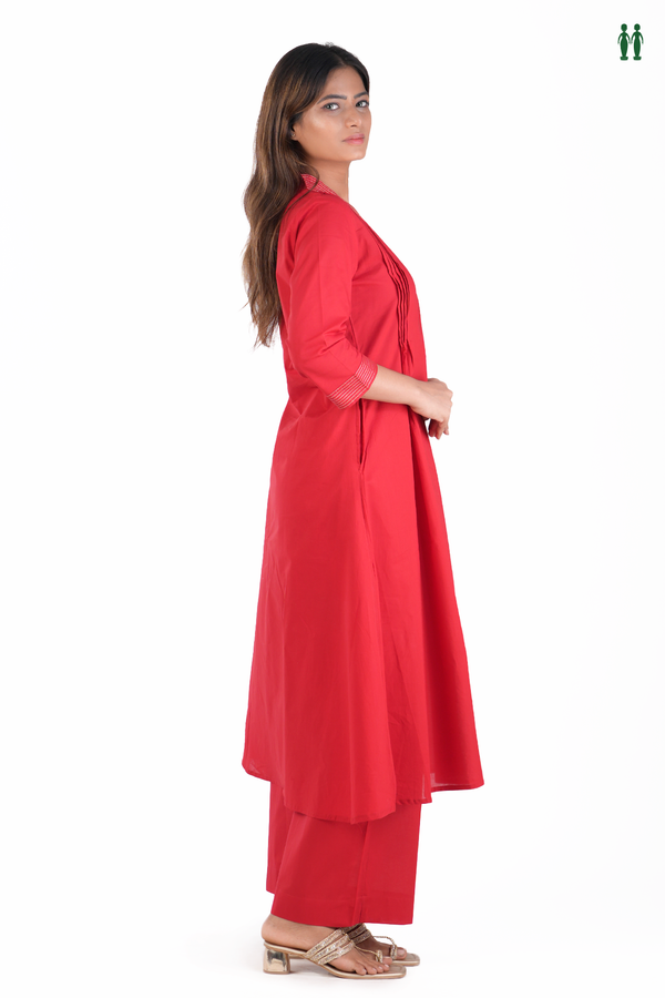 V-Neck Plain Chilli Red Cotton Salwar Set