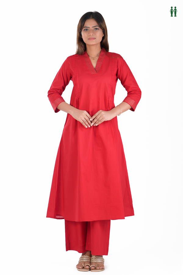 V-Neck Plain Chilli Red Cotton Salwar Set