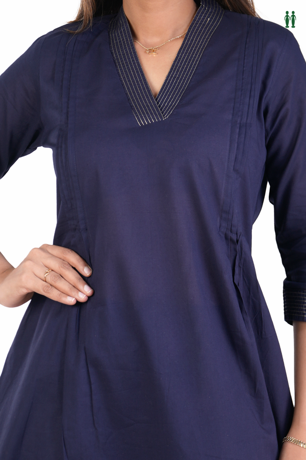 V-Neck Plain Navy Blue Cotton Salwar Set
