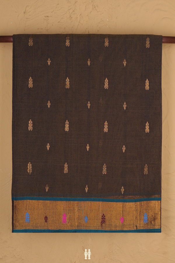 Venkatagiri Cotton Saree In Oxford Brown With Zari Buttas