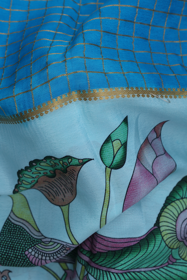 Mysore Silk Saree In Shades Of Blue With Half And Half Design