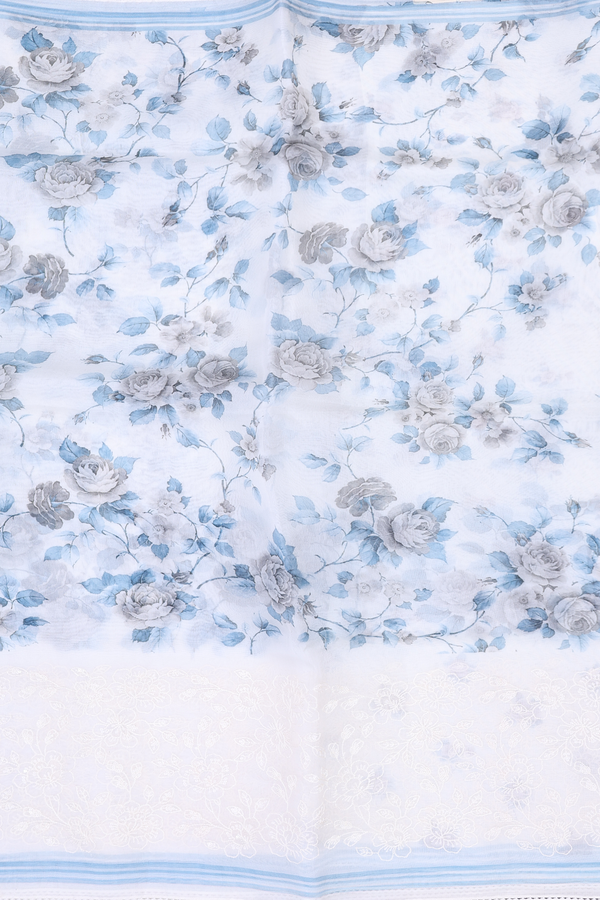 Organza Silk Saree In White With Floral Printed Design
