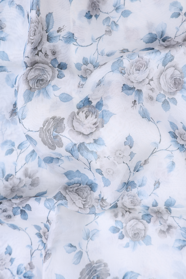 Organza Silk Saree In White With Floral Printed Design