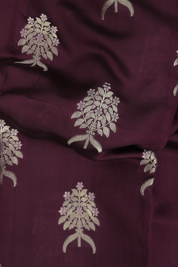 Raw Silk Saree In Plum Purple With Floral Motifs