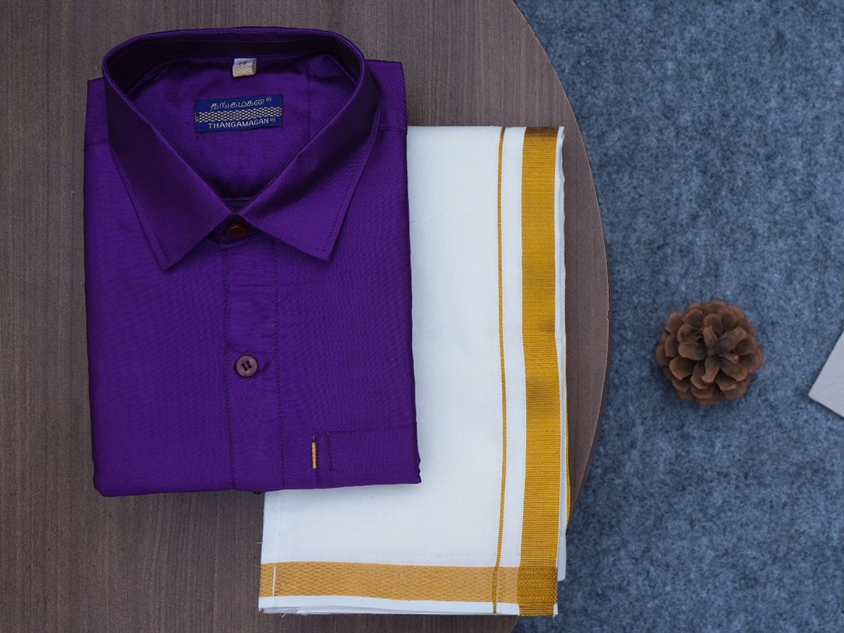 Regular Collar Purple Art Silk Shirt With Velcro Dhoti Set