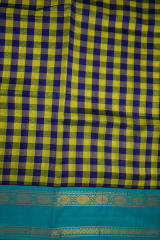 Allover Check Design Yellow And Royal Blue Silk Cotton Saree