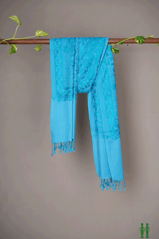 Allover Embroidered Design Cerulean Blue Woolen Shawl