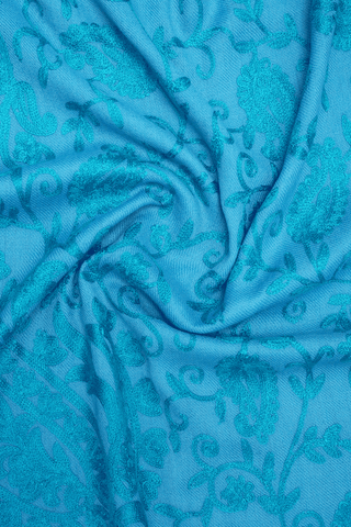 Allover Embroidered Design Cerulean Blue Woolen Shawl