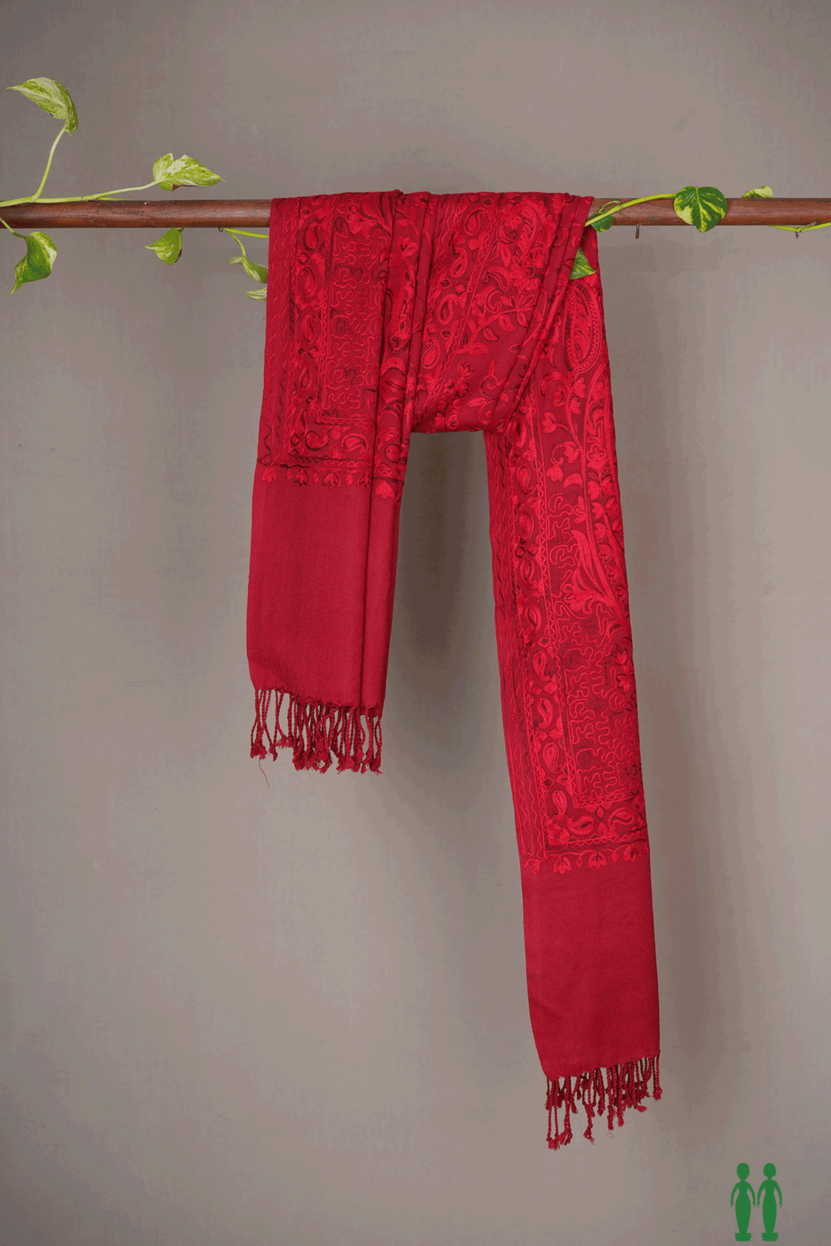 Allover Embroidered Design Scarlet Red Woolen Shawl