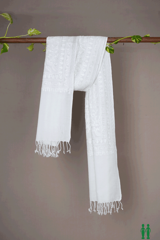 Allover Embroidered Design White Woolen Shawl