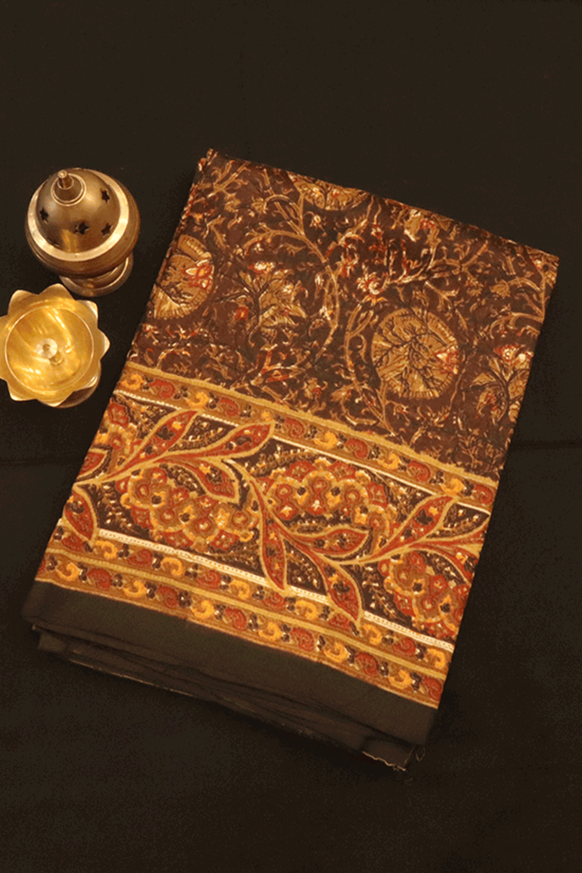 Allover Floral Design Dark Brown Printed Silk Saree
