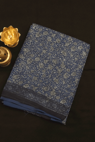Allover Floral Design Pigeon Blue Printed Silk Saree