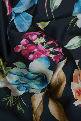 Floral Digital Printed Black Satin Crepe Saree