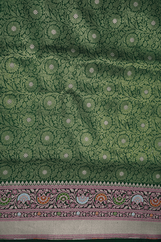 Allover Floral Zari Design Emerald Green Banarasi Silk Saree