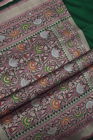 Allover Floral Zari Design Emerald Green Banarasi Silk Saree