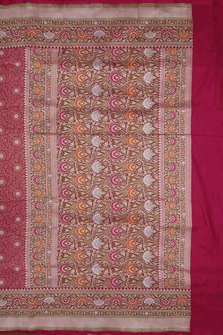 Allover Floral Zari Design Blush Red Banarasi Silk Saree