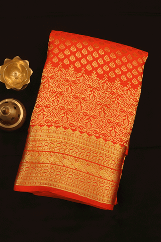 Allover Zari Buttas Reddish Orange Mysore Silk Saree