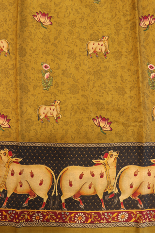 Cow And Floral Printed Golden Yellow Tussar Silk Saree