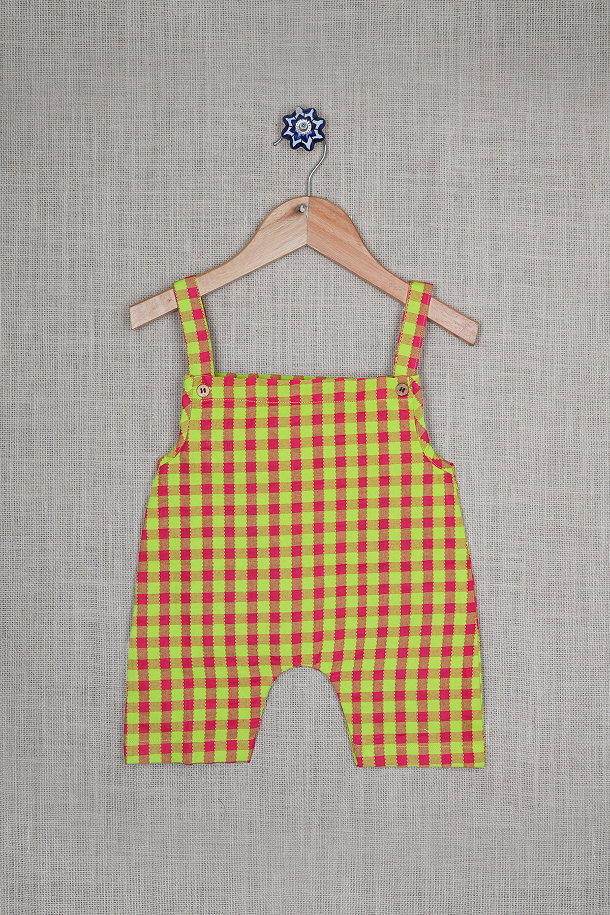 Checked Design Magenta And Green Cotton Jumpsuit