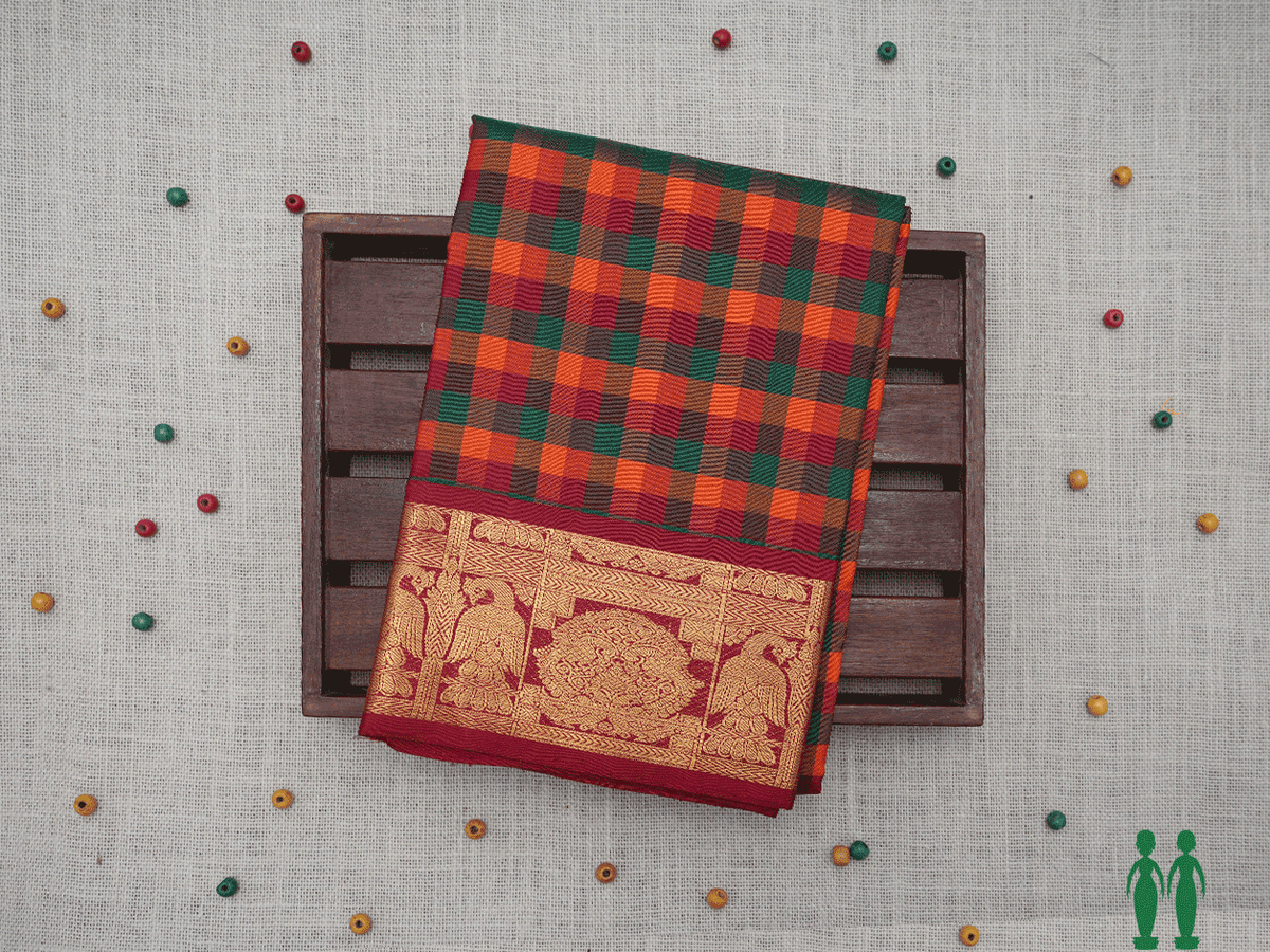 Checks Design Multicolor Kanchipuram Pavadai Sattai Material