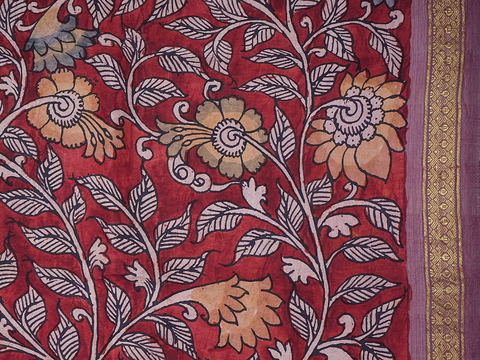 Floral Design Cherry Red Kalamkari Unstitched Blouse Material