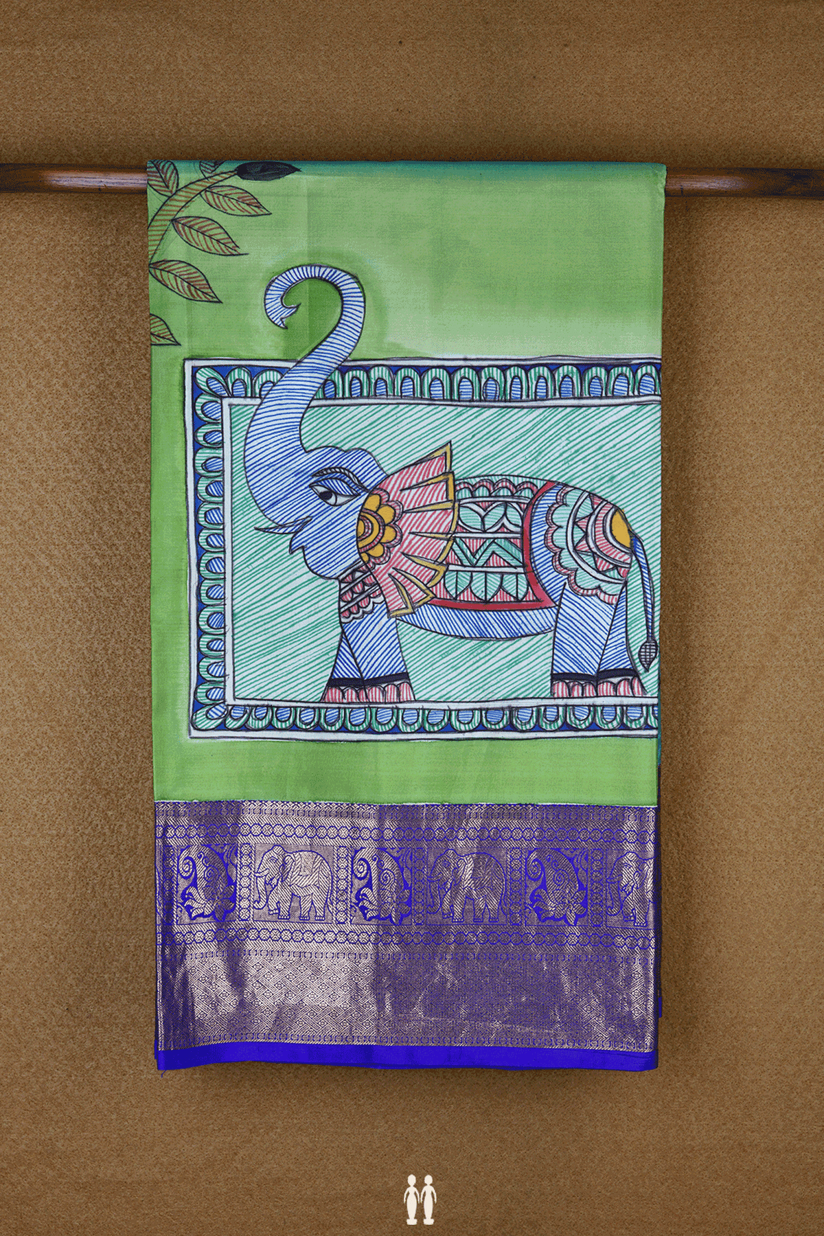 Elephant Hand Painted Green And Blue Kanchipuram Silk Saree