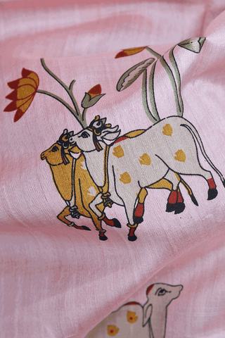 Floral And Cow Printed Design Pastel Pink Tussar Silk Saree