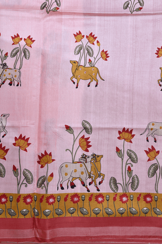 Floral And Cow Printed Design Pastel Pink Tussar Silk Saree