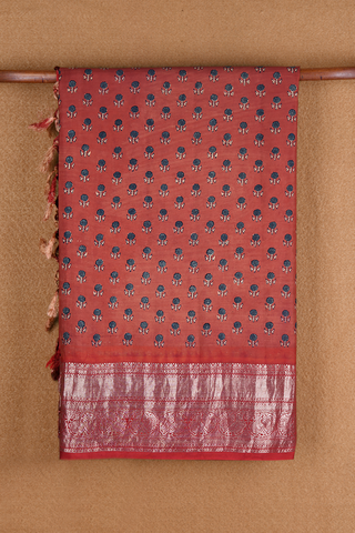 Floral Buttas Rust Red Hand Painted Ajrakh Kanchipuram Silk Saree