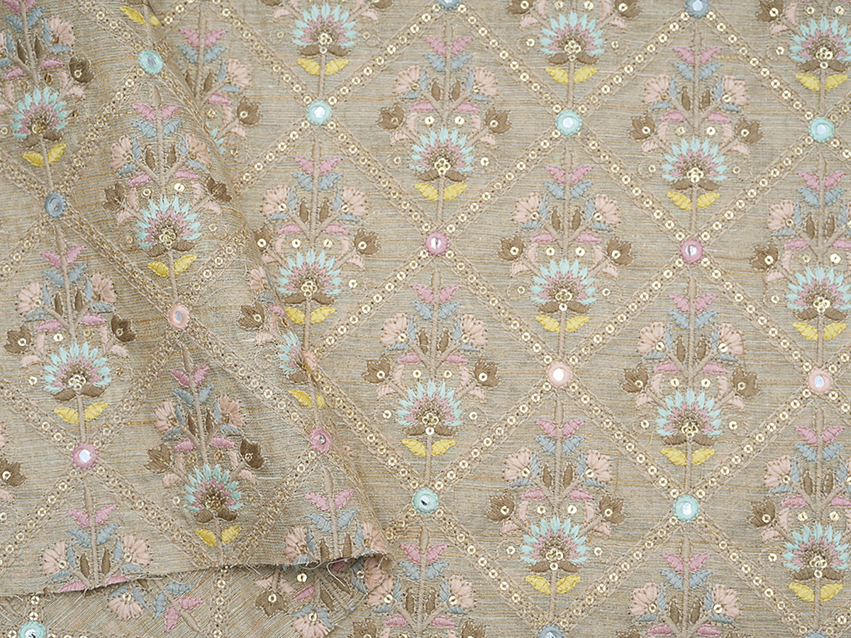 Floral Embroidered Design Beige Linen Blouse Material