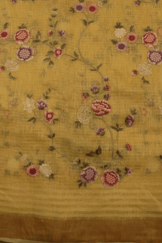 Floral Embroidered Design Sunflower Yellow Linen Saree