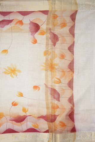 Floral Digital Printed Cream Color Semi Tissue Saree