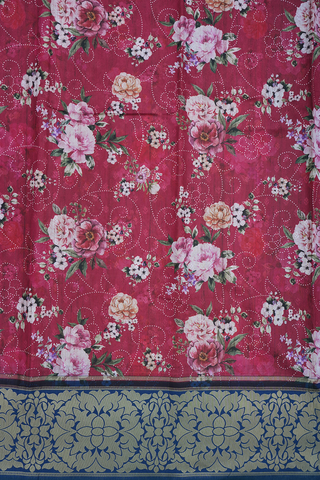 Floral Printed Design Rose Red Chanderi Silk Saree