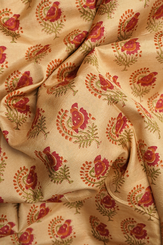 Floral Printed Motifs Yellowish Beige Printed Silk Saree