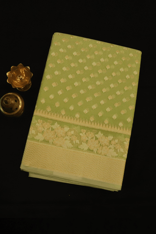 Floral Zari Buttas Pastel Green Semi Banarasi Silk Saree