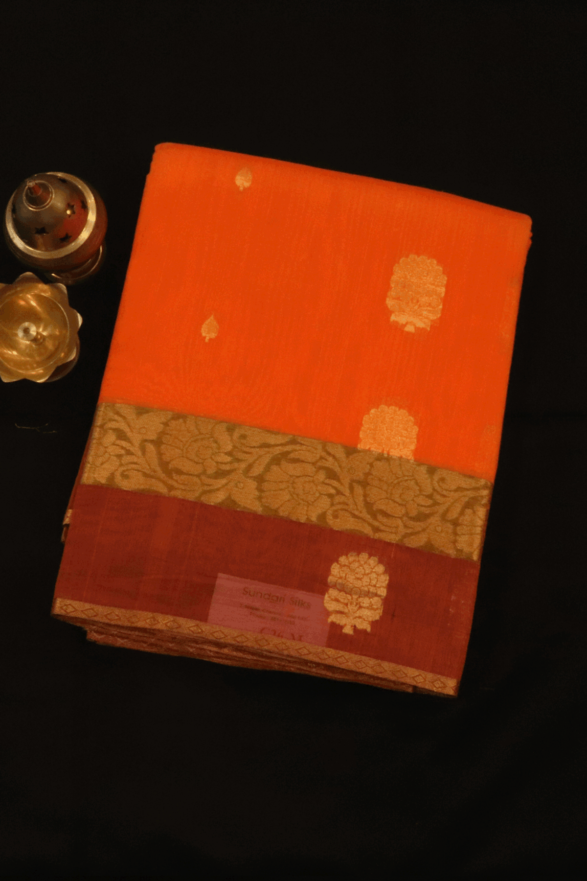 Floral Zari Motifs Bright Orange Kora Silk Cotton Saree