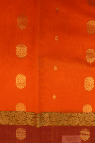 Floral Zari Motifs Bright Orange Kora Silk Cotton Saree