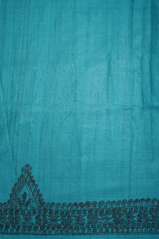 Hand Painted Madhubani Border Teal Blue Tussar Silk Saree