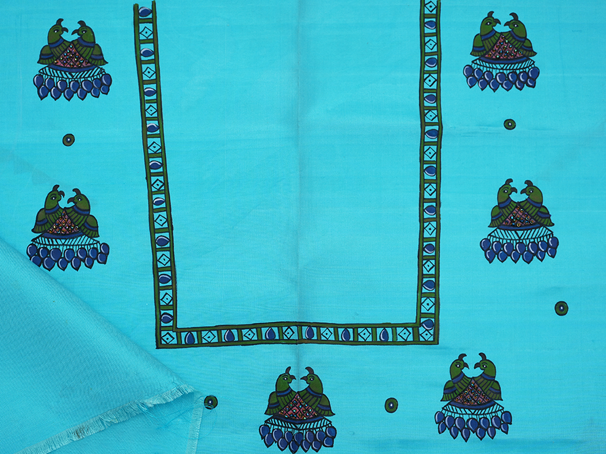 Hand Painted Design Sky Blue Kanchipuram Silk Blouse Material