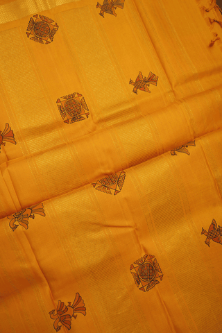 Hand Painted Design Mustard And White Kanchipuram Silk Saree