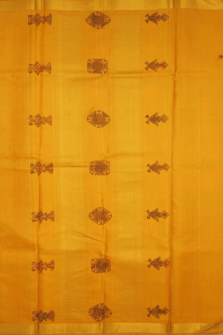 Hand Painted Design Mustard And White Kanchipuram Silk Saree