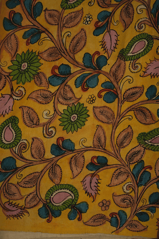 Hand Painted Kalamkari Yellow Kanchipuram Silk Saree