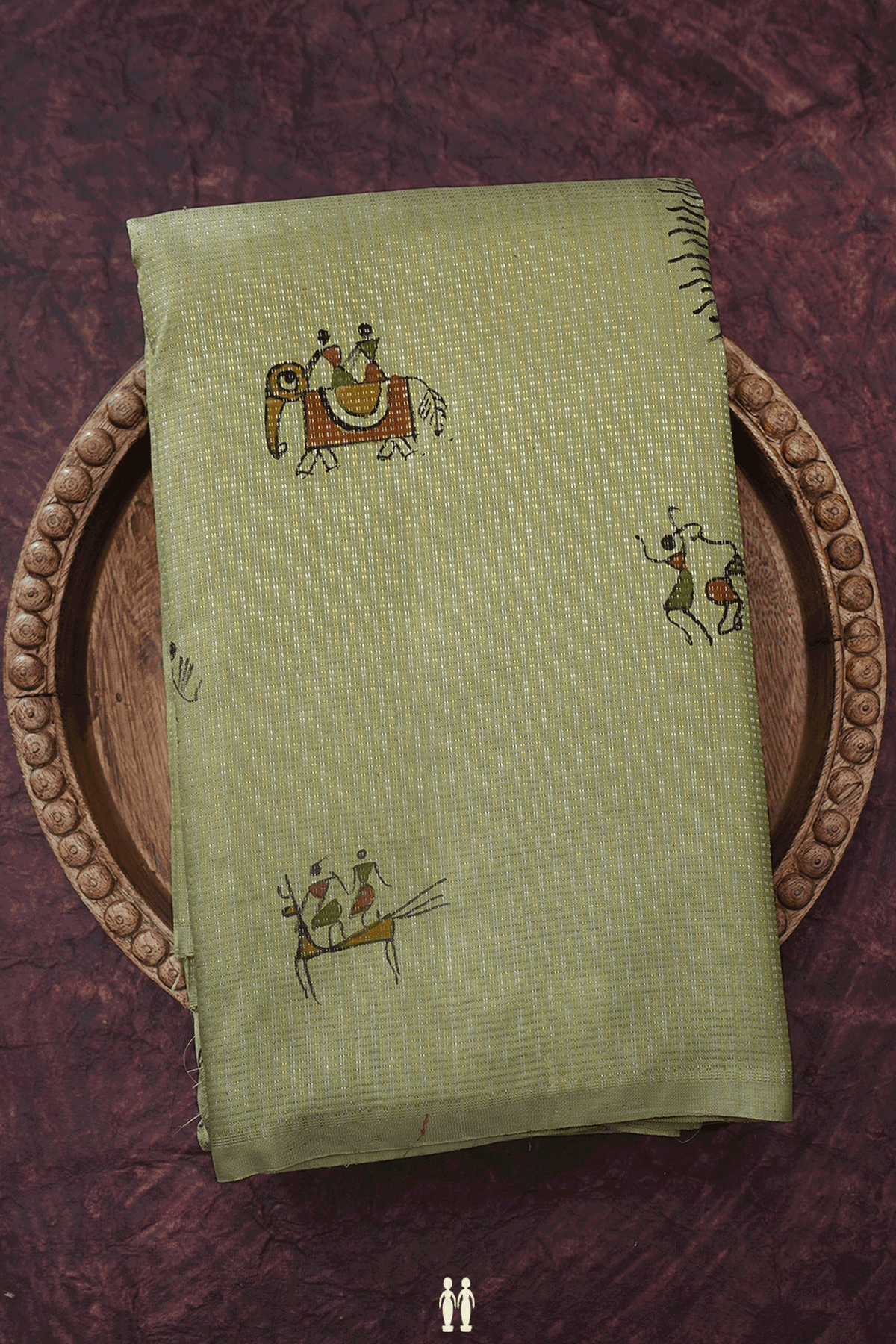 Hand Painted Warli Design Cardamom Green Kanchipuram Silk Saree
