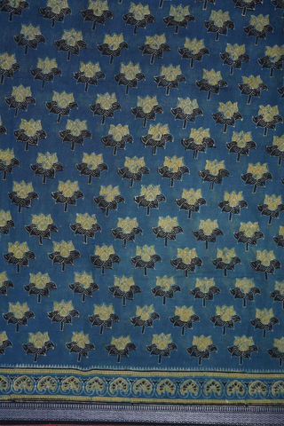 Lotus Printed Motifs Berry Blue Ajrakh Chanderi Cotton Saree