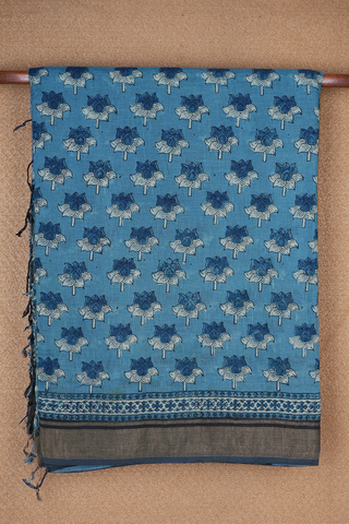 Lotus Printed Motifs Dusty Blue Ajrakh Printed Linen Saree