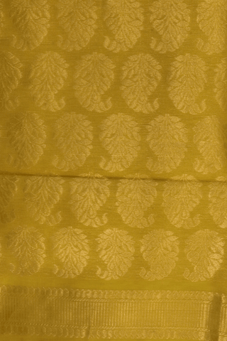 Paisley Zari Motifs Celery Yellow Kora Silk Cotton Saree