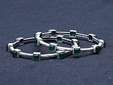 Pure Silver With Oxidized Finishing Green Stone Bangles