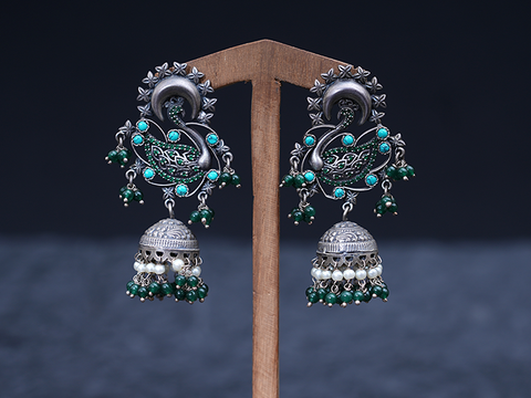 Peacock Design Turquoise And Green Stone Silver Jhumkas