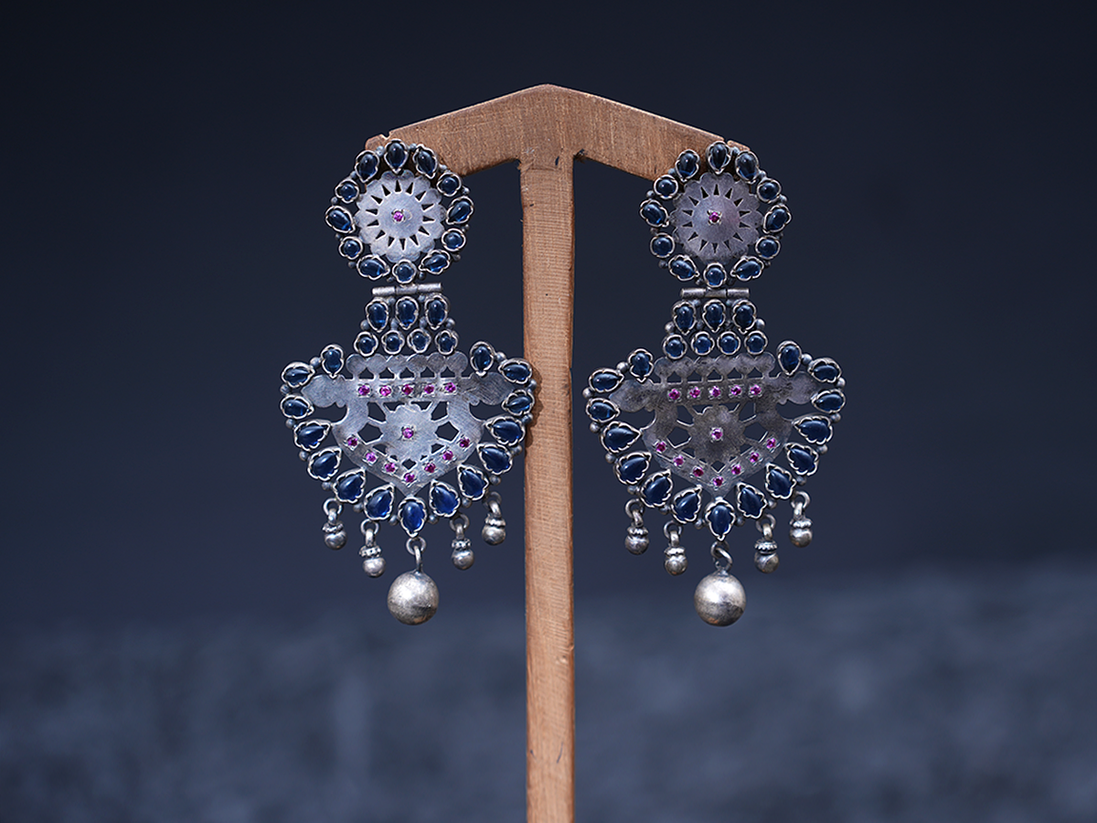 Sapphire And Ruby Stone Long Silver Earrings