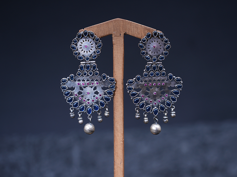 Sapphire And Ruby Stone Long Silver Earrings